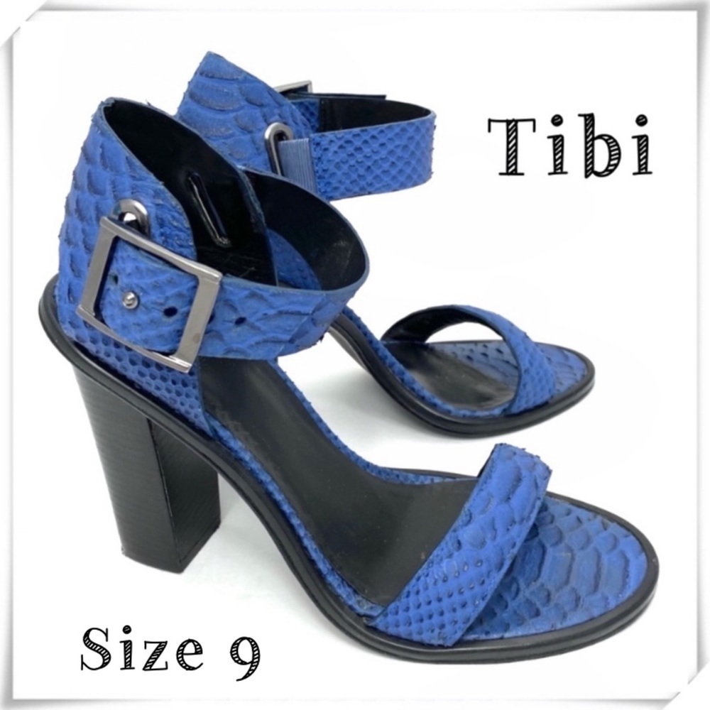 Tibi Snakeskin Embossed Leather Chunky Heel Ankle Strap Buckle Sandal Royal Blue